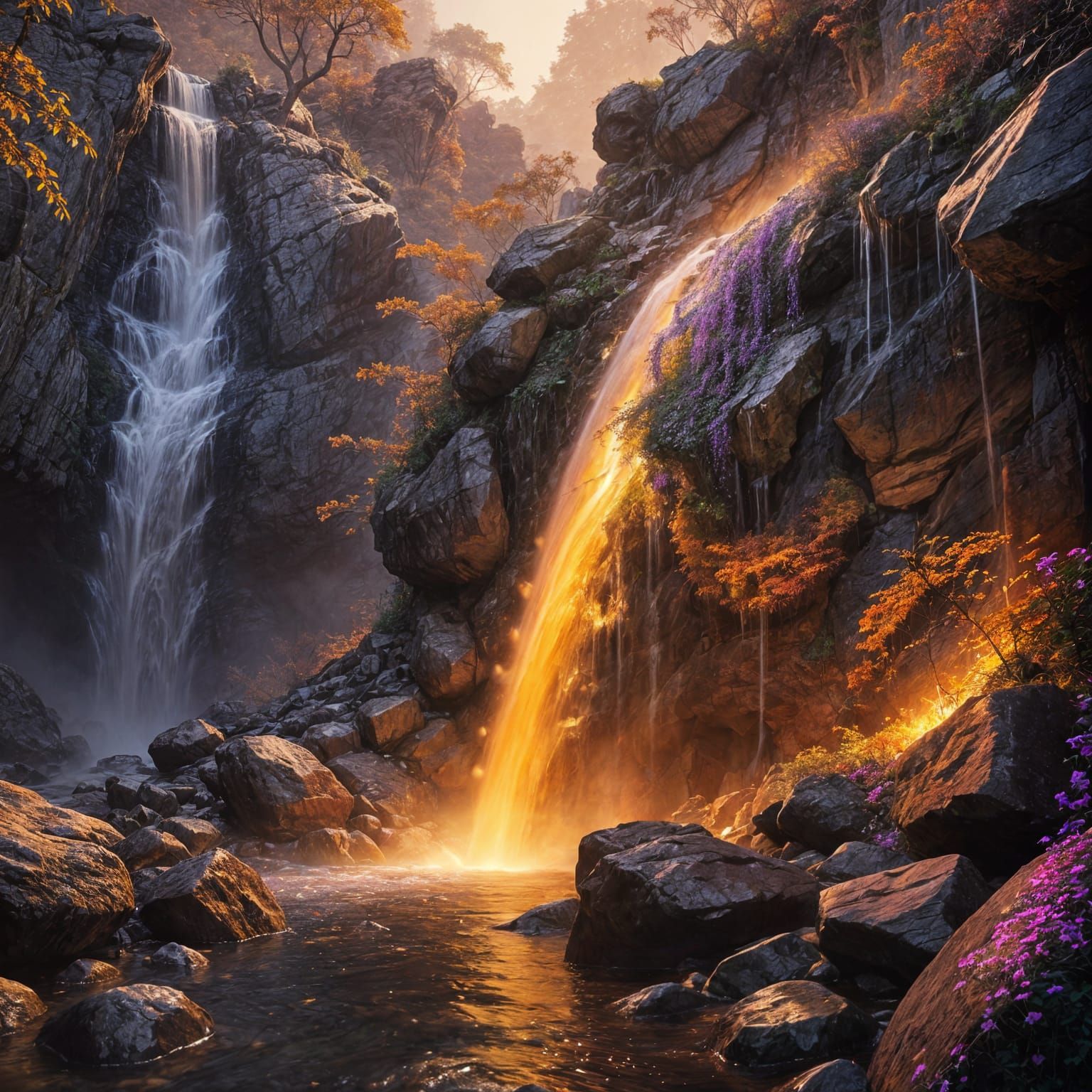Epic Purple Waterfall in Dramatic Landscape