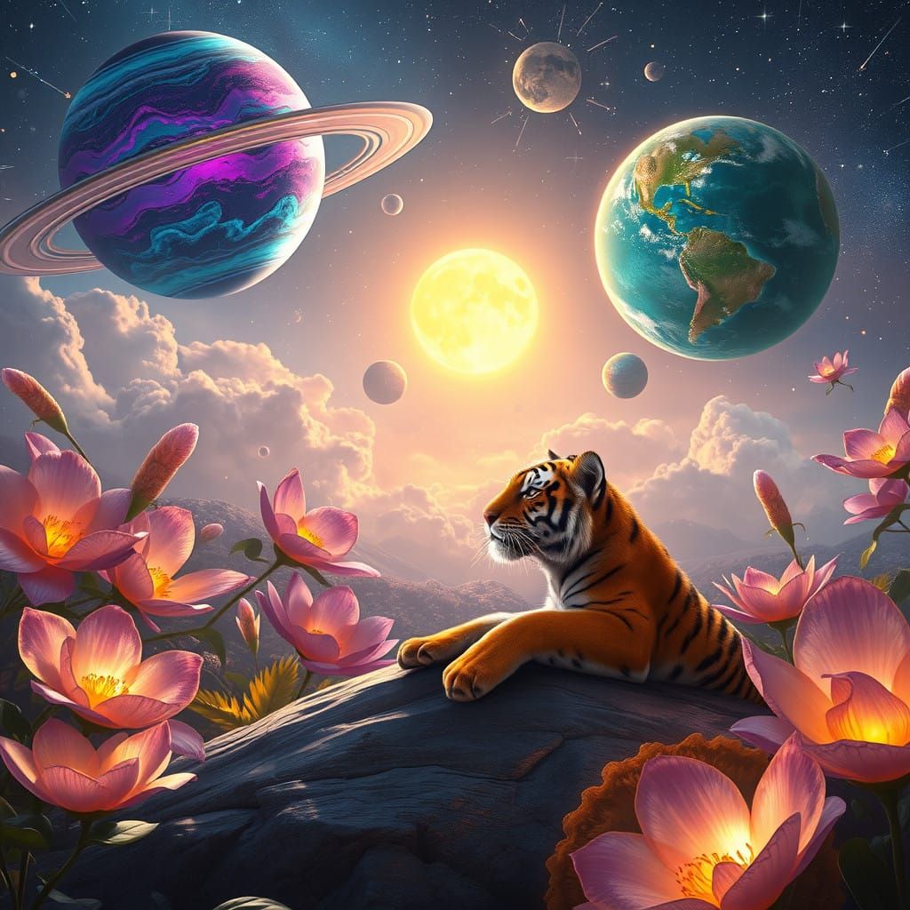 Cosmic Garden of Glowing Planets and Majestic Flowers