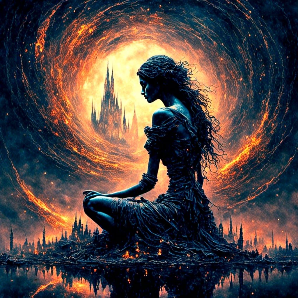 Warrior Kneeling in Storm with Abstract Digital Rain