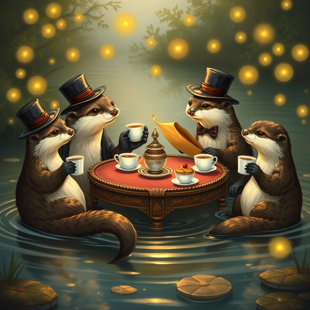 Otters' Whimsical Tea Party: A Fairy Tale Scene
