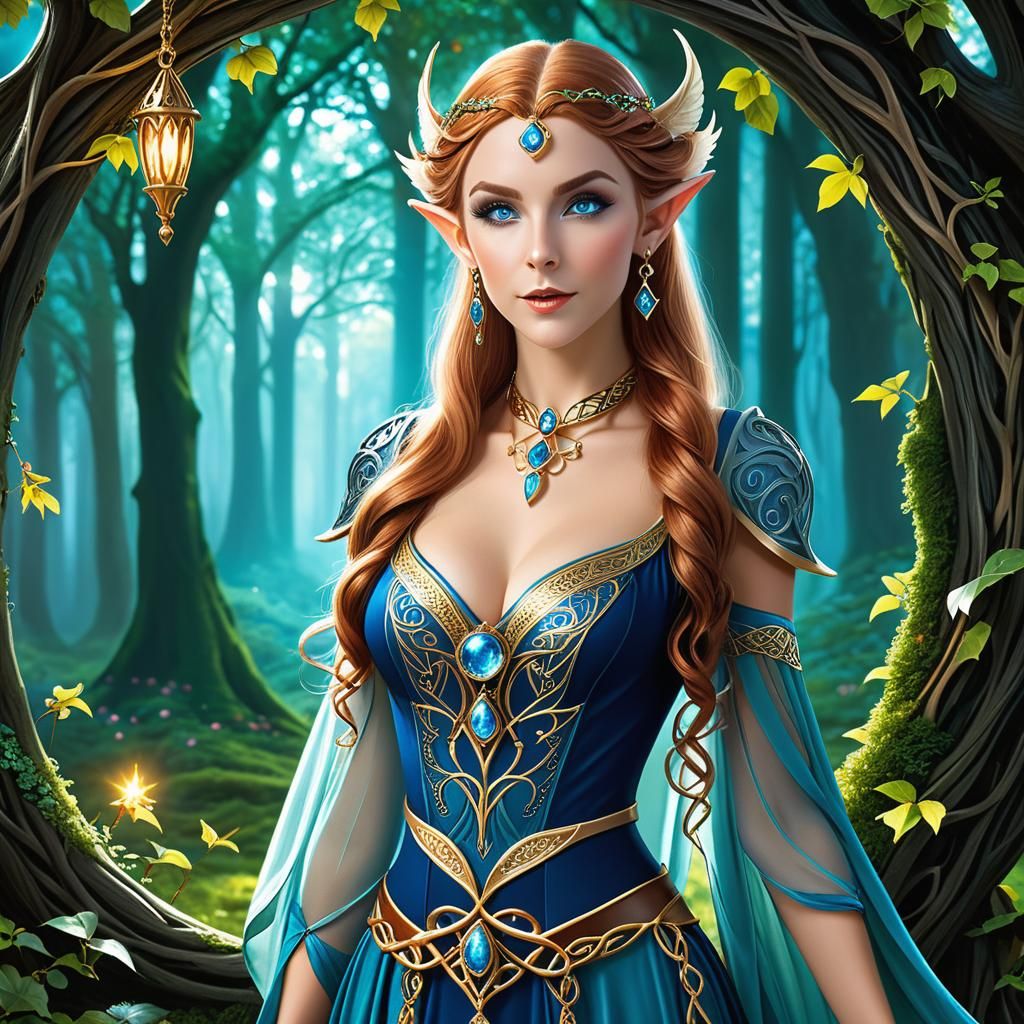 Enchanted Elf Woman in Forest Digital Illustration