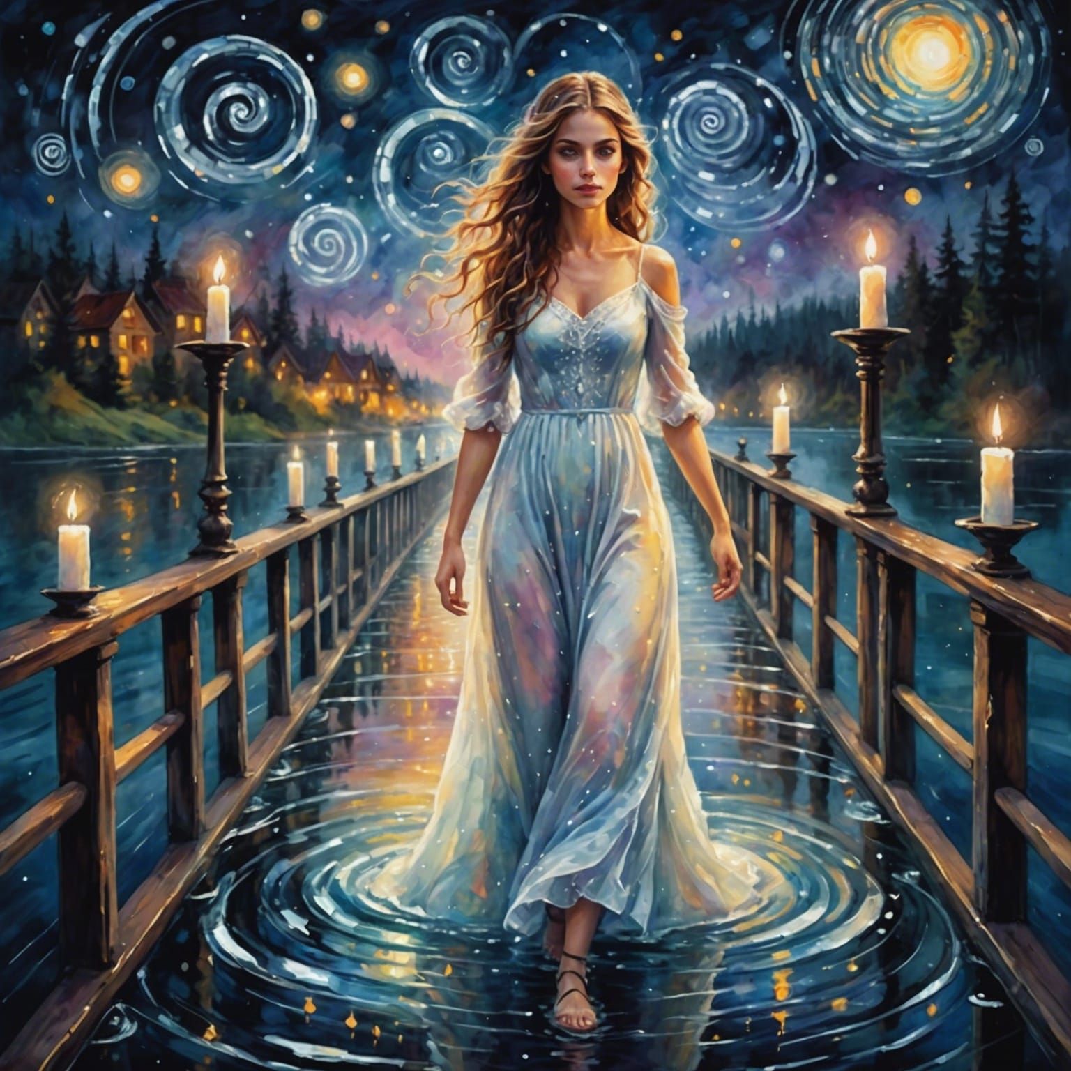 Fantasy Girl on Bridge Under Starry Night Sky