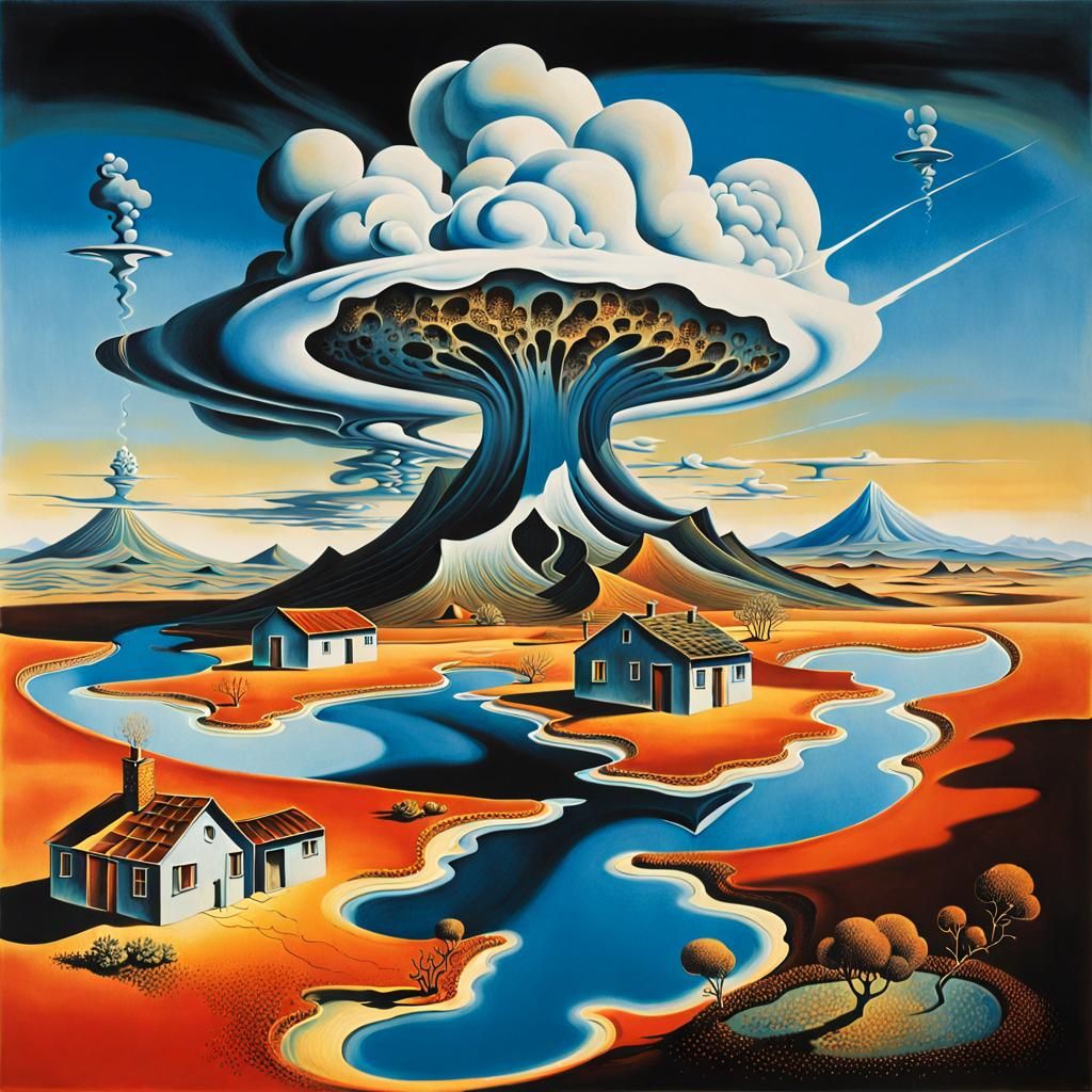 Dreamlike Surreal Landscape with Houses and Volcano