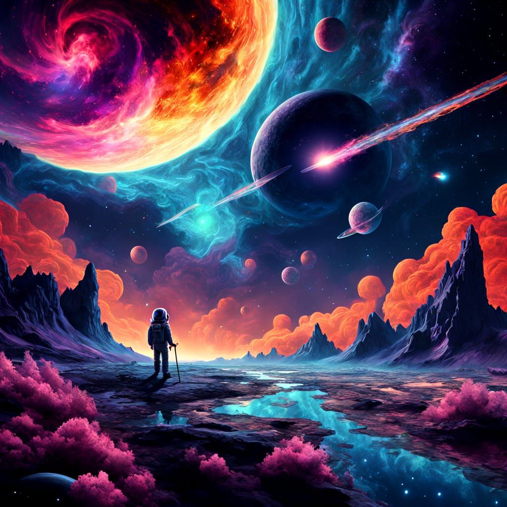 Giant Stickman Explores Moon in Psychedelic Space Art