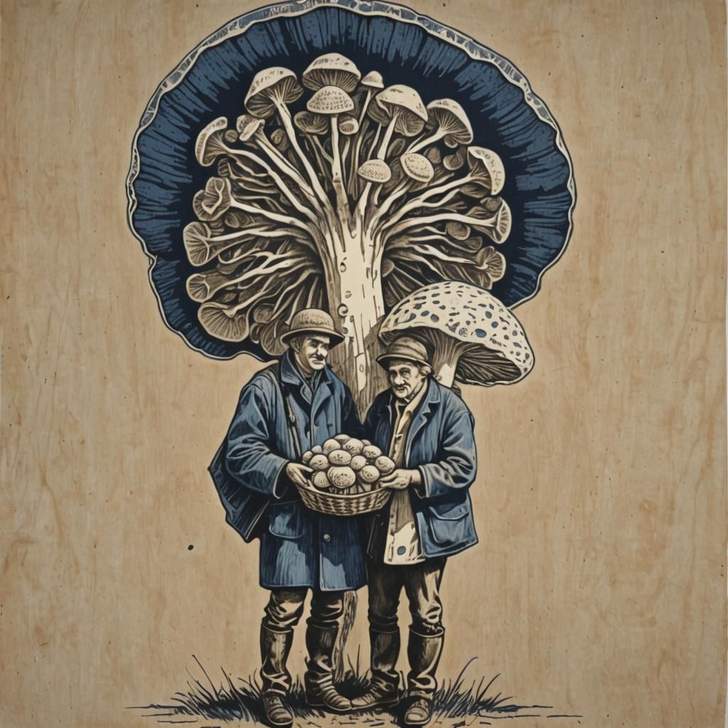 Mushroom Harvesters in Blue and White Linocut Style
