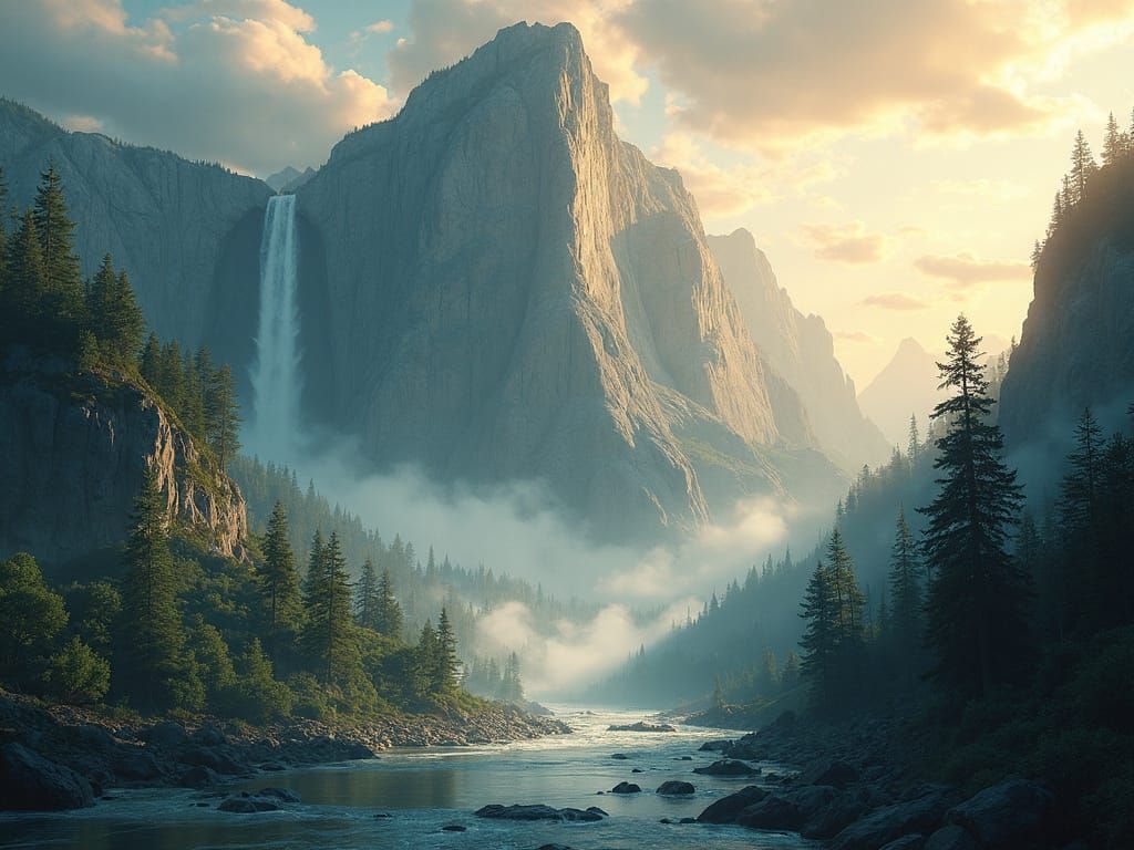 Majestic Fantasy Mountain Landscape with Waterfalls