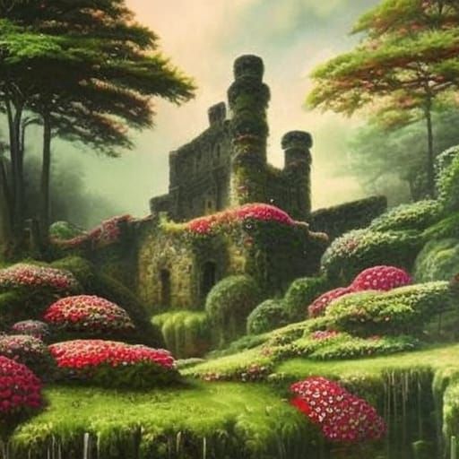 Mossy Castle Ruins in Flower Forest: Ghibli Style
