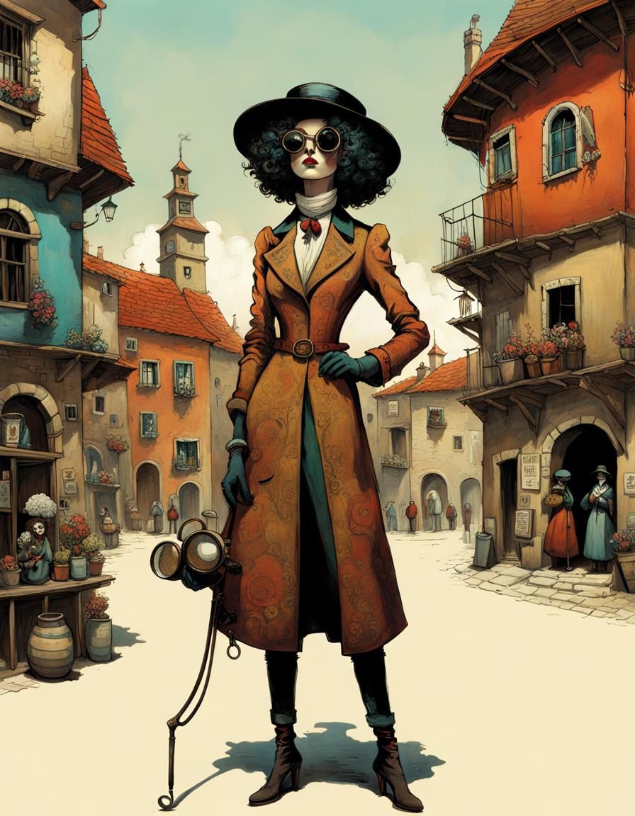 Eccentric Woman Patrolling Village Square in Art Brut Style