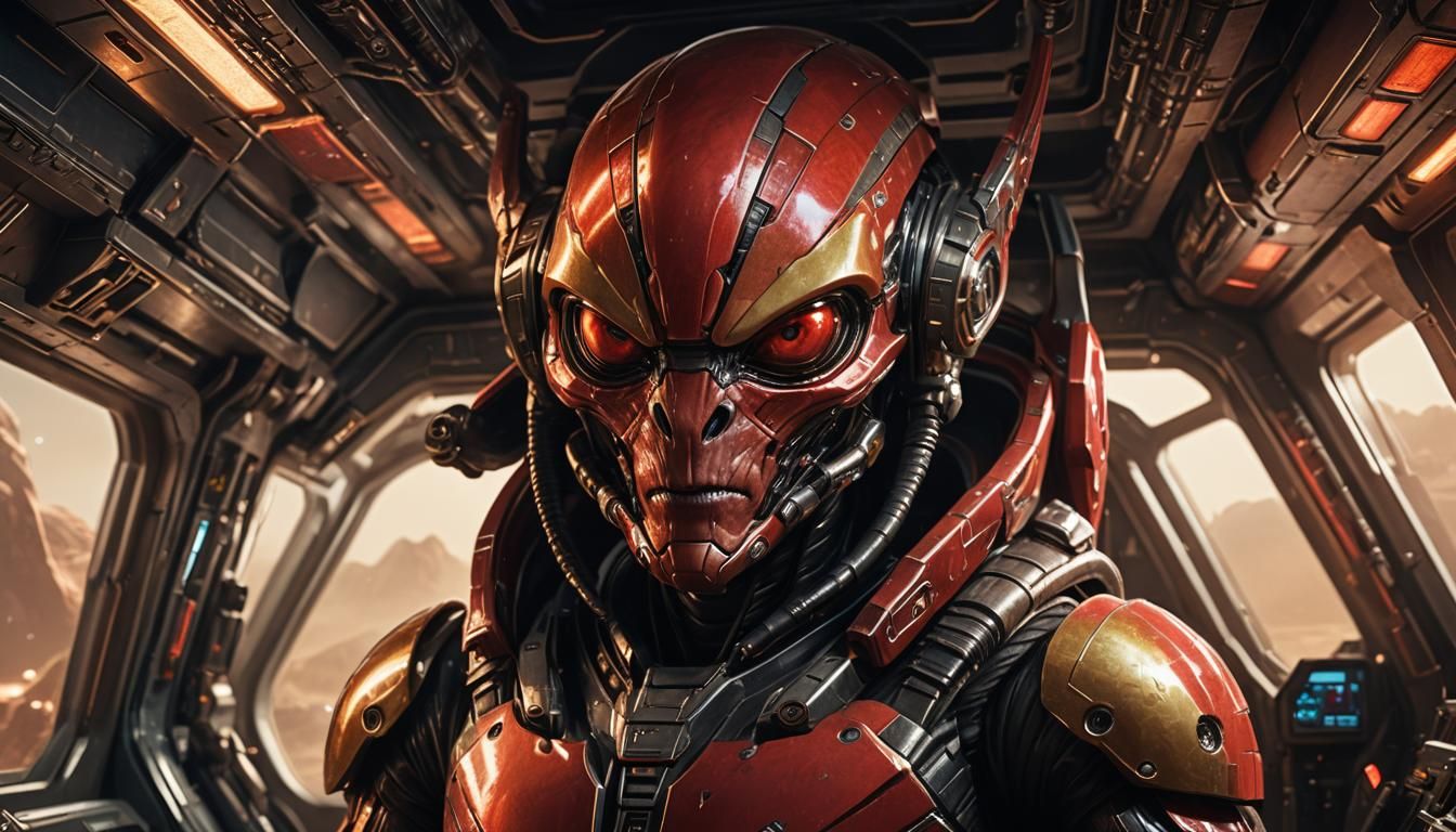 Sci-Fi Alien Mercenary in Spaceship Cockpit