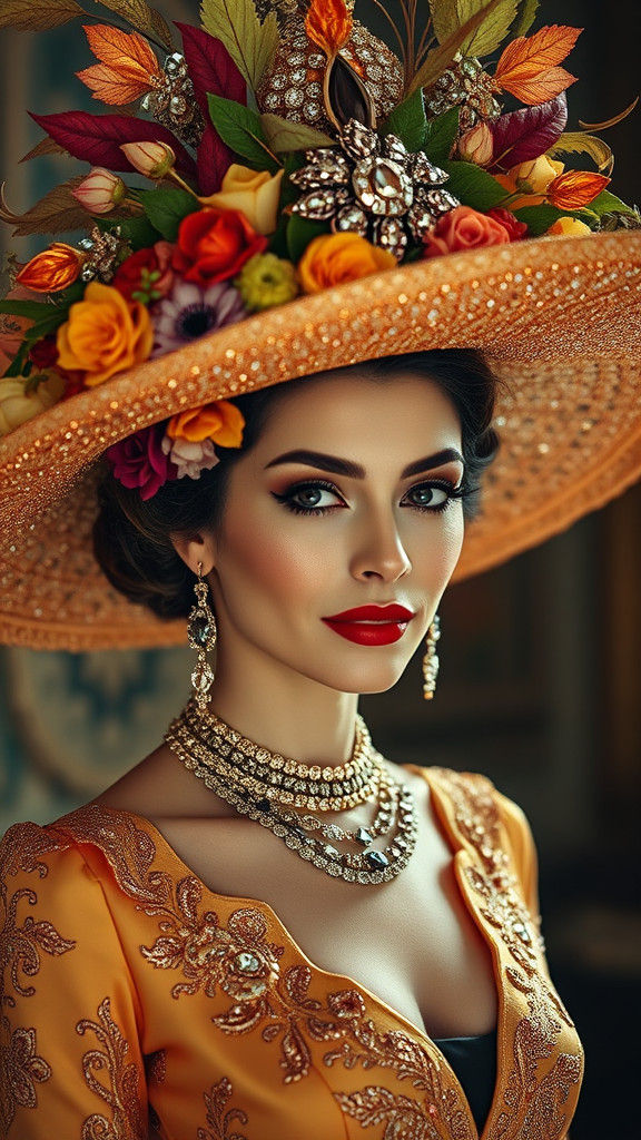 Elegant Lady with Floral and Gem Hat