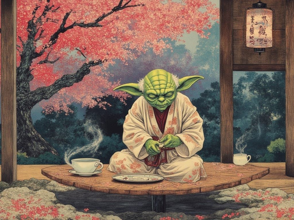 Yoda Hosts Glitched Tea Ceremony in Ukiyo-e Style