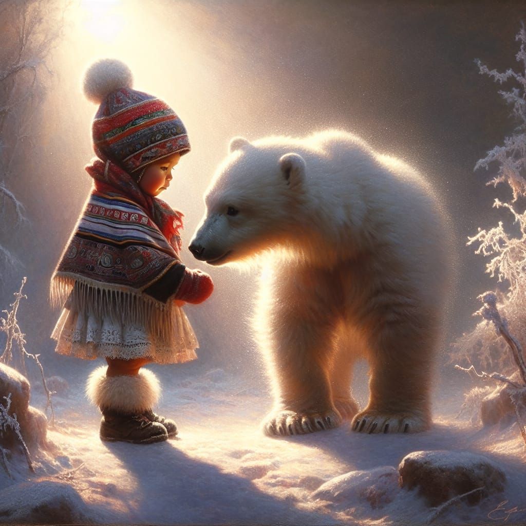 Hispanic Baby and Polar Bear Cub in Dreamy Winter Scene