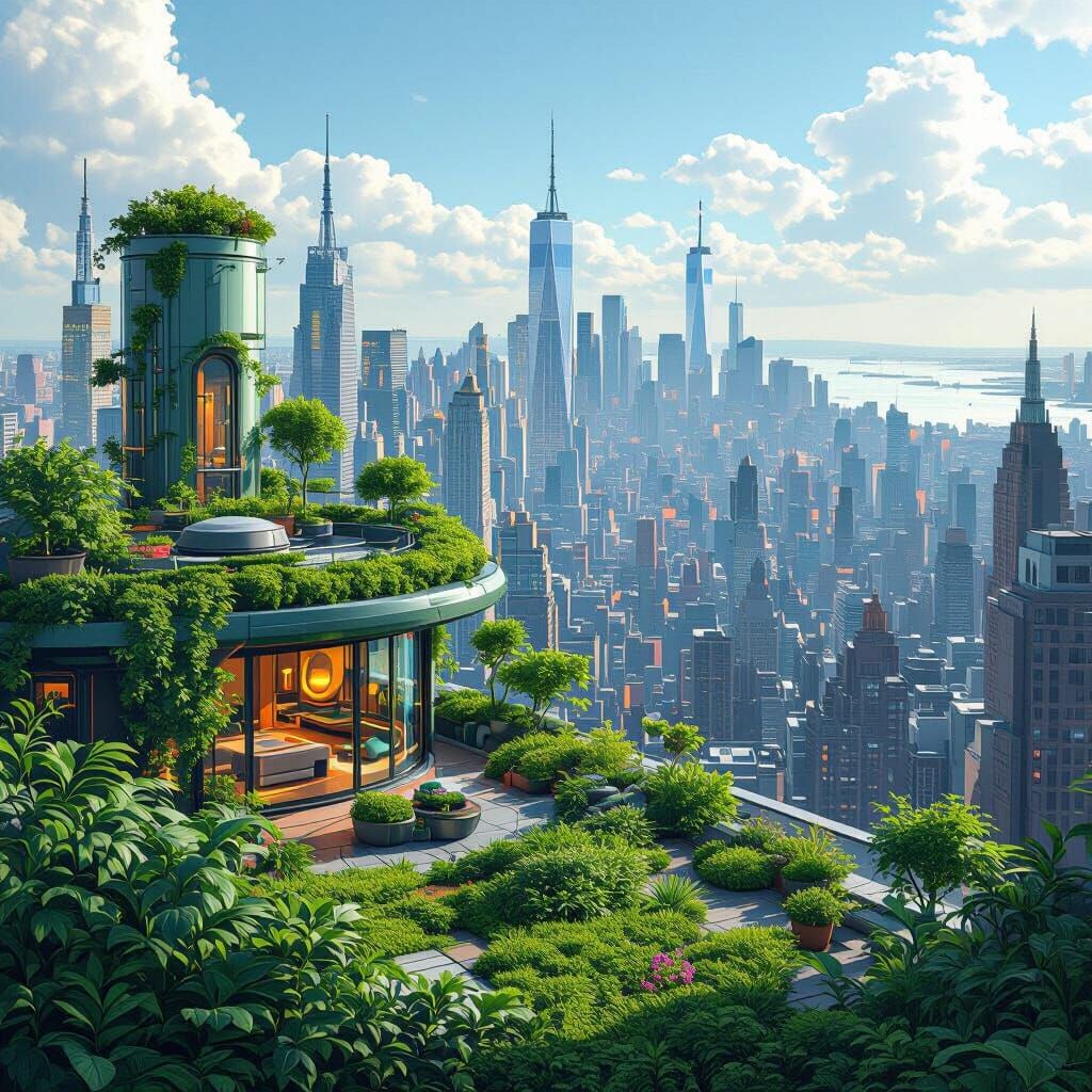 Solar Punk NYC Cityscape from Rooftop Garden