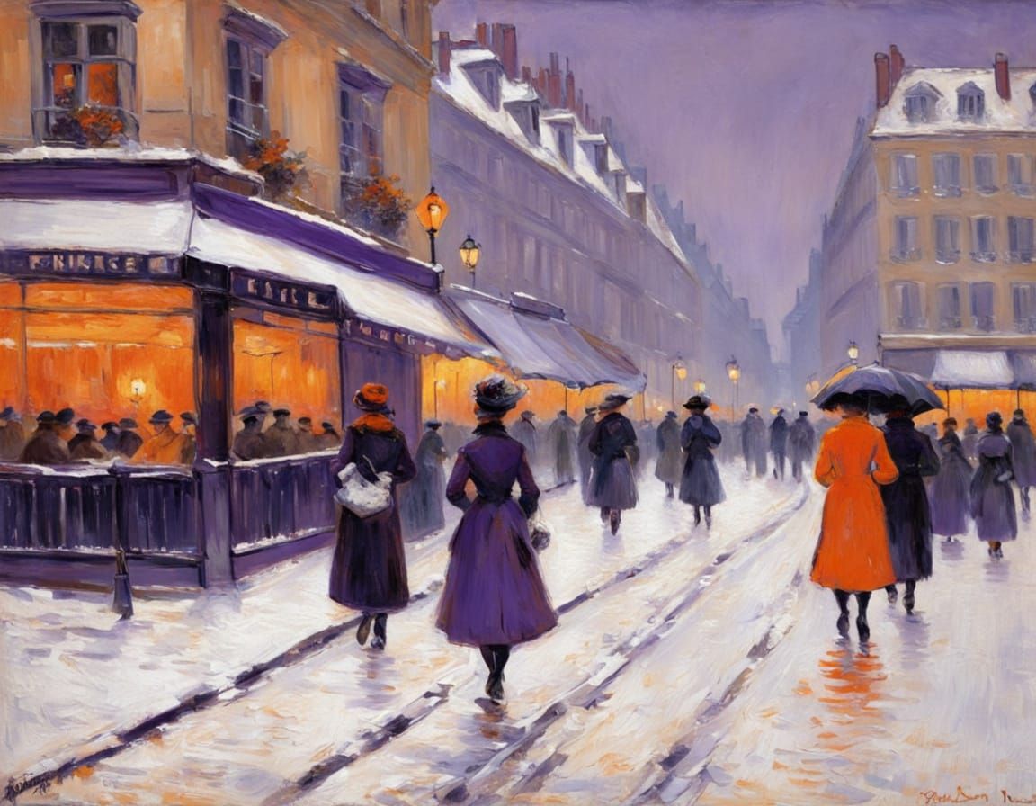 Winter Scene in Parisian Street, in the Style of Renoir