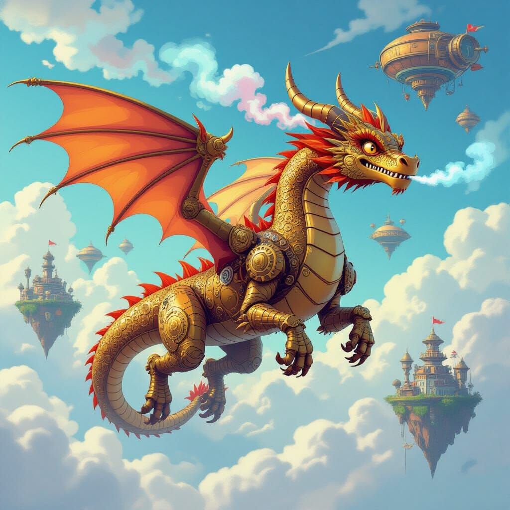 Mechanical Dragon Soars Through Cartoon Sky