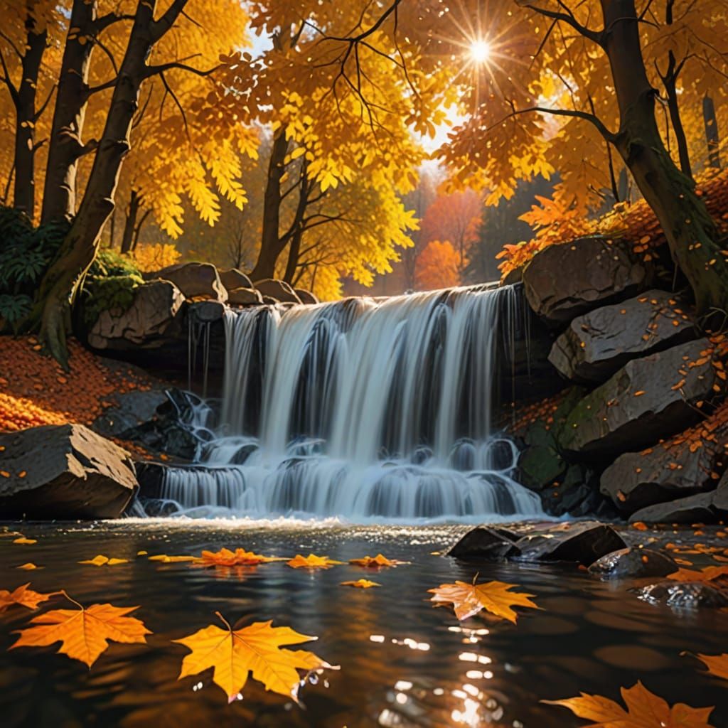 Autumn Waterfall With Falling Leaves and Cinematic Sunlight