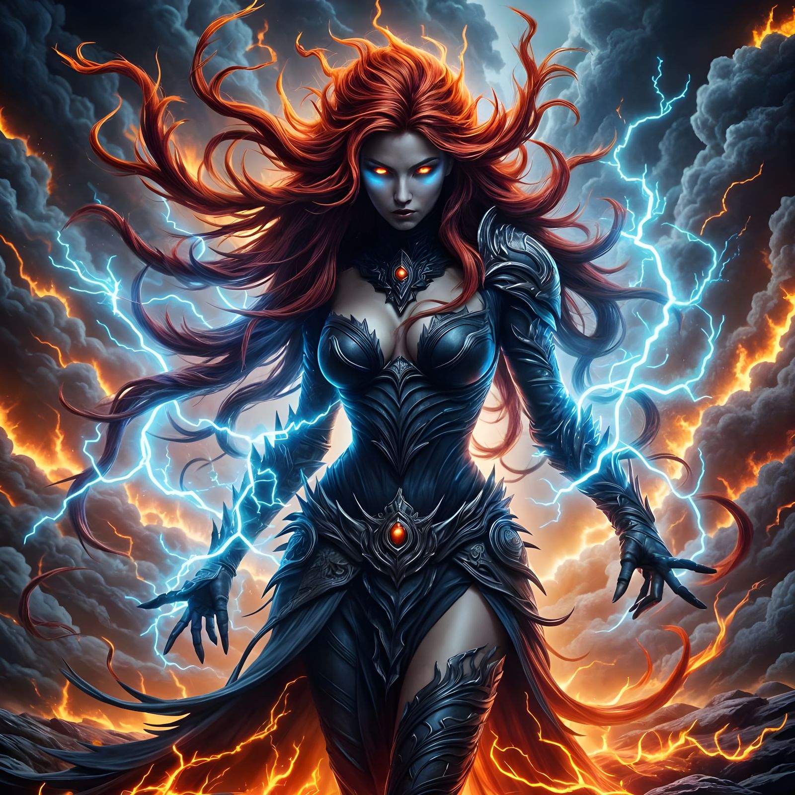Fierce Woman Commands Fiery Energy, Dark Fantasy Art