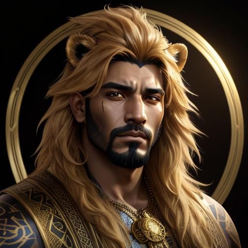 Lion-Headed Man with Gold Tattoos Portrait