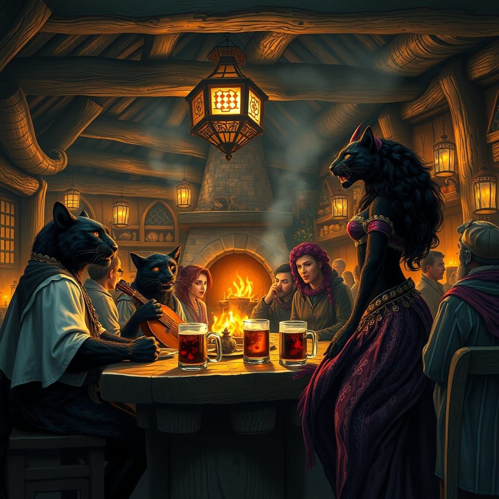 Medieval Tavern Scene with Anthropomorphic Panthers