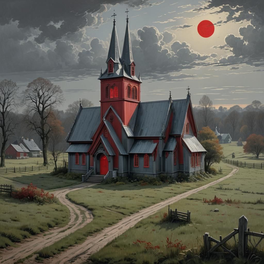 Victorian Gothic Church with Red Door