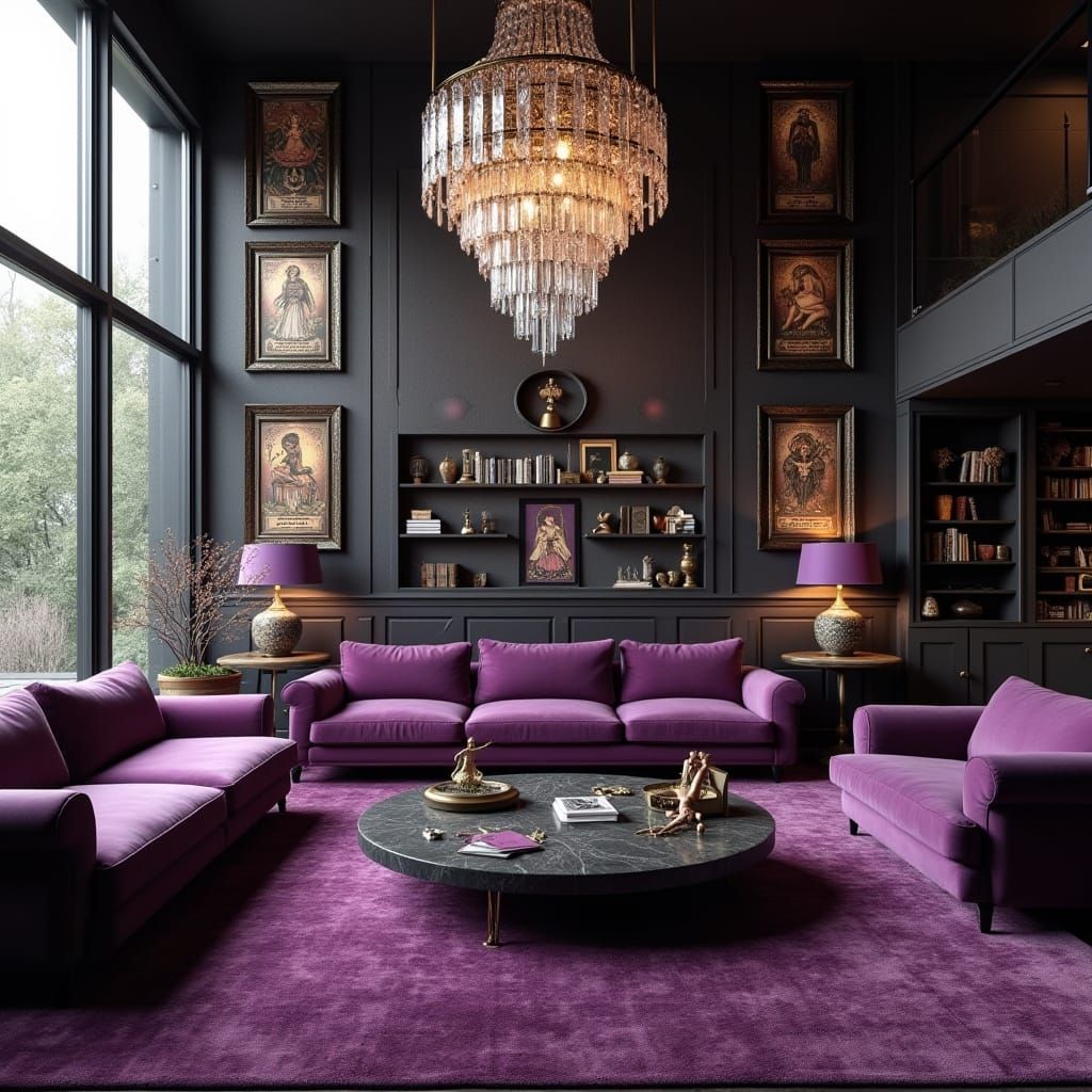 Mystical Modern Living Room in Plum Purple with Tarot Symbol...