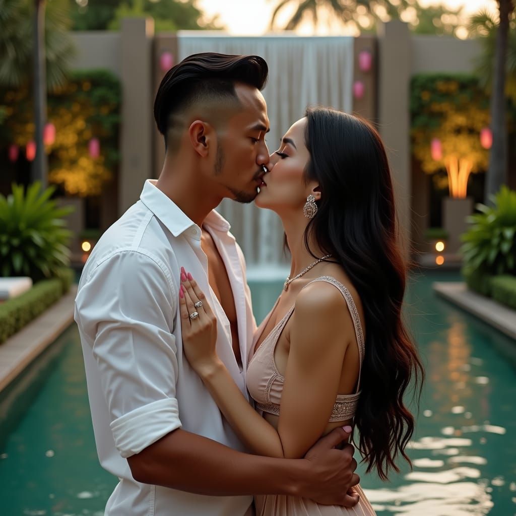 Romantic Couple in Lush Garden, Cinematic Film Still