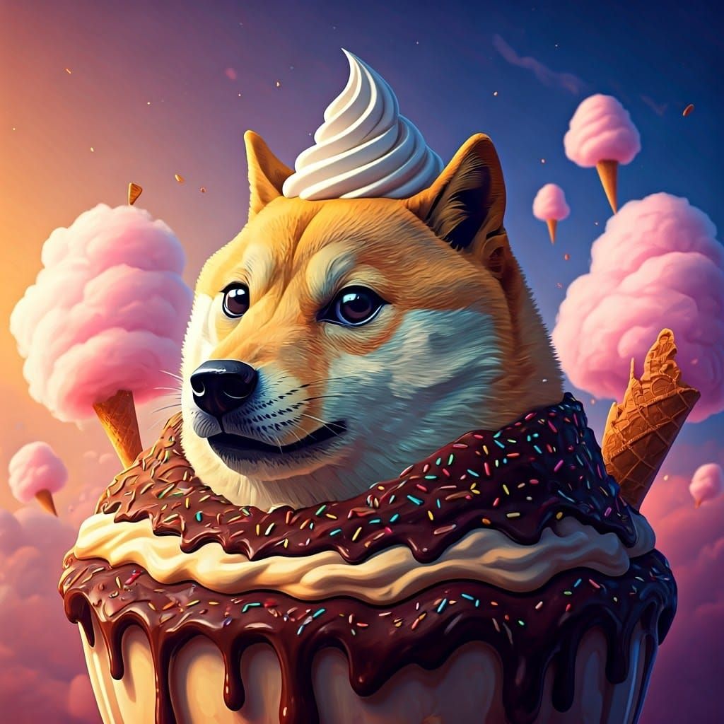Doge Ice Cream Sundae in Fantasy Landscape