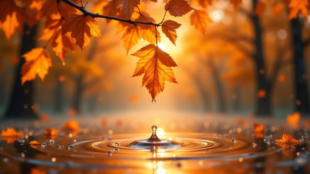 Golden Water Droplet Reflecting Sunset on Autumn Leaf