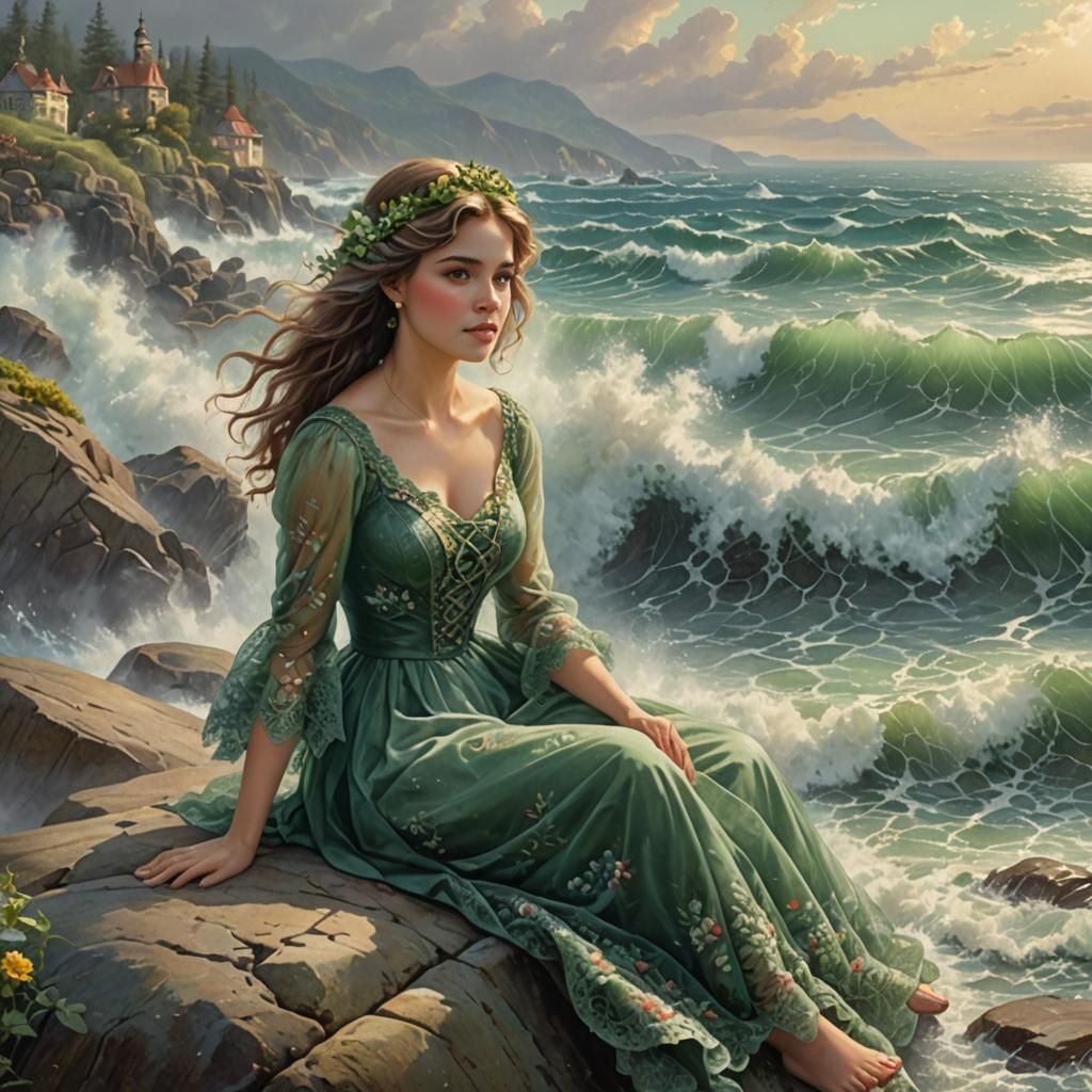 Girl in Green Gown on Stormy Shore, Ethereal Art