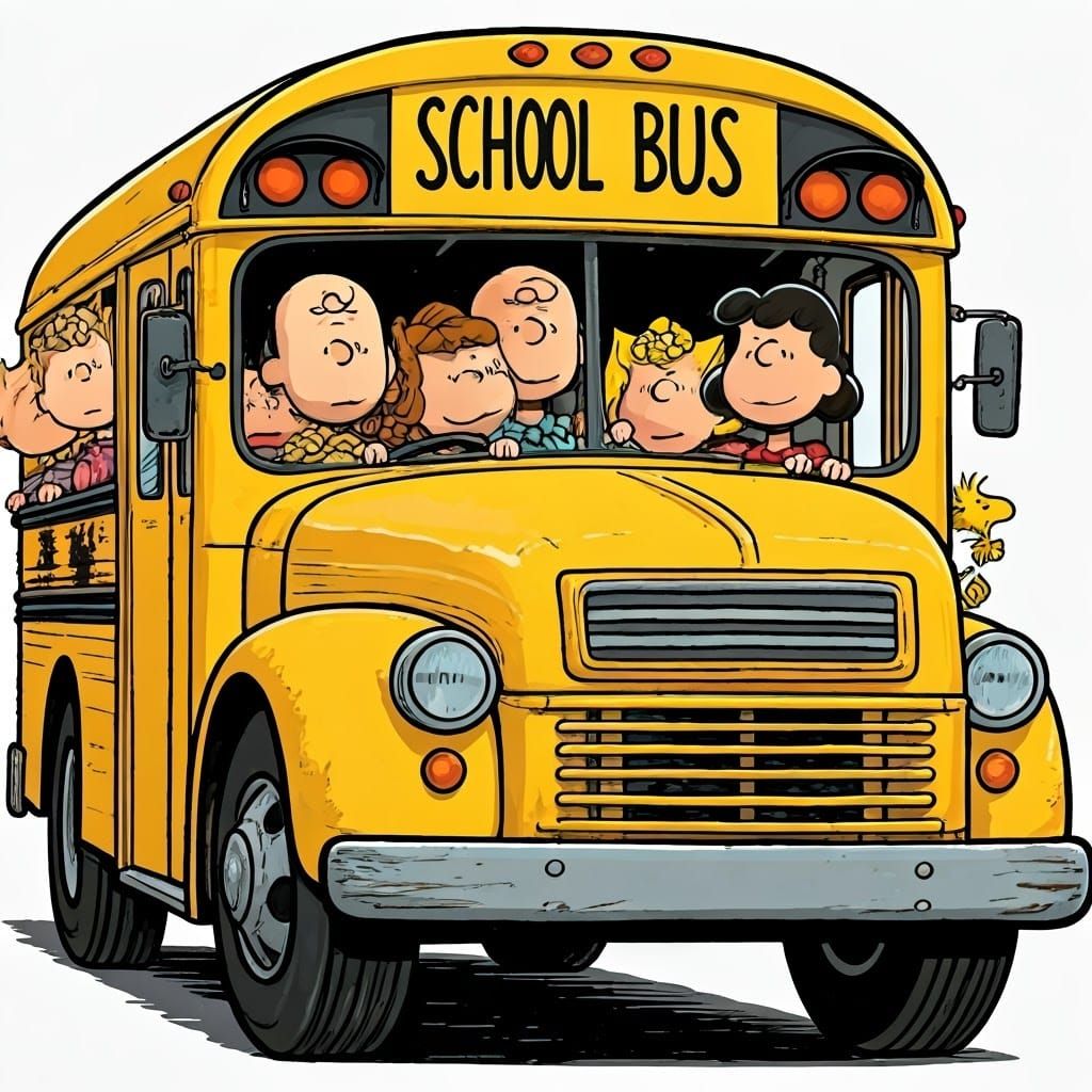 Snoopy Drives Vintage School Bus in Whimsical Comic Strip St...