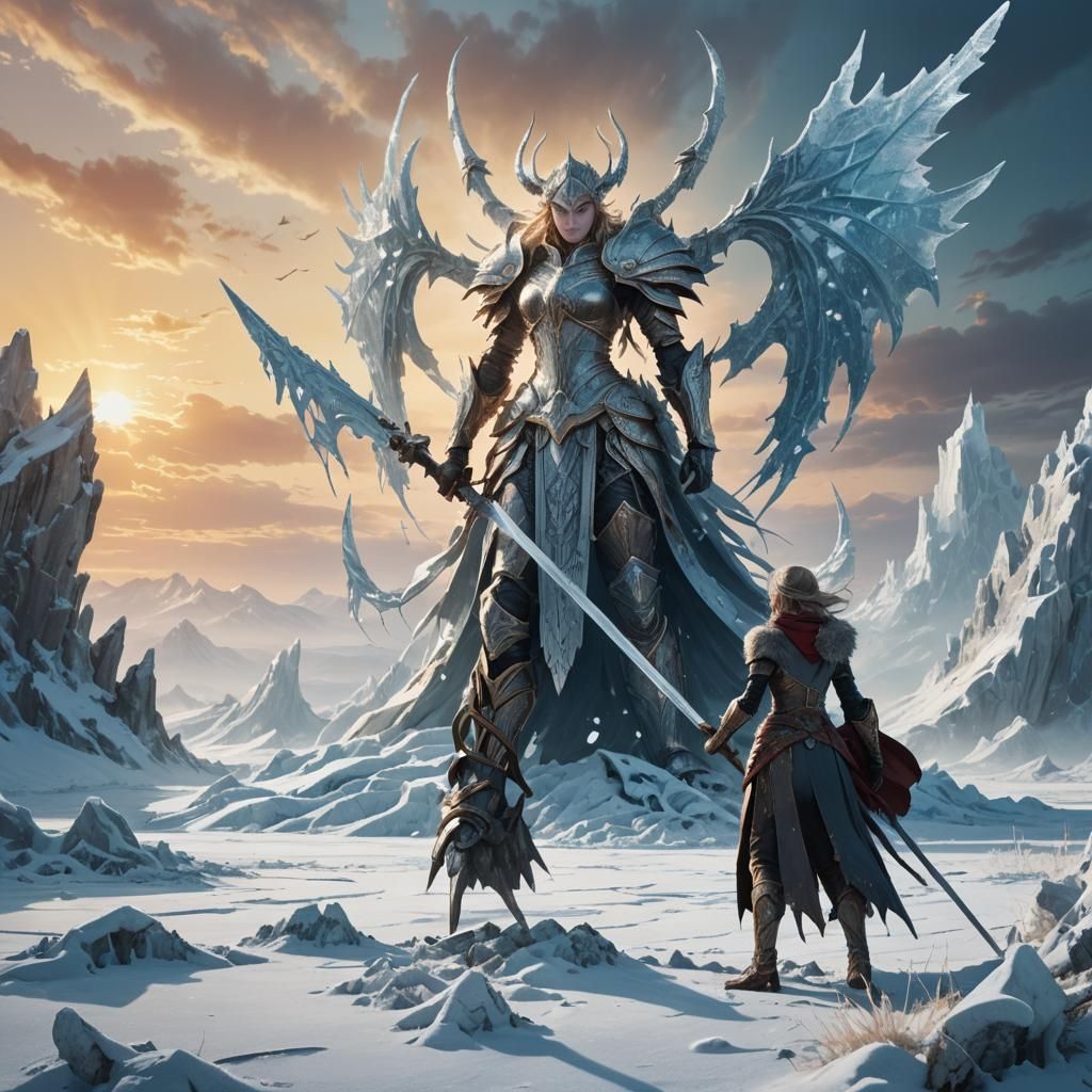 Victorious Woman Over Icy Giant in Frozen Landscape