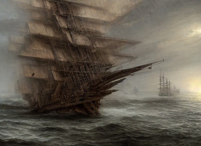 Dinosaur Bone Galleon Ship on Rough Sea
