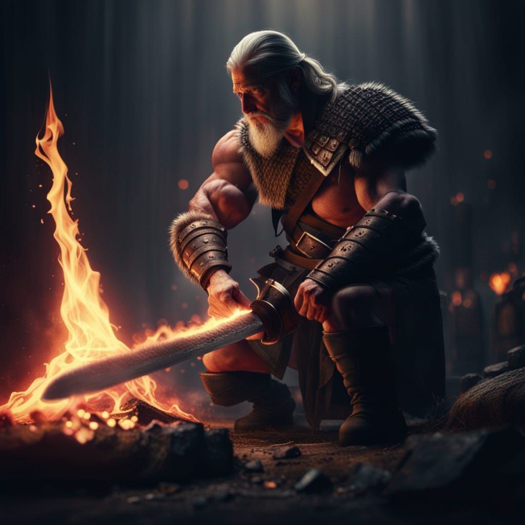 Barbarian Forging Sword in Fire: Cinematic Realism