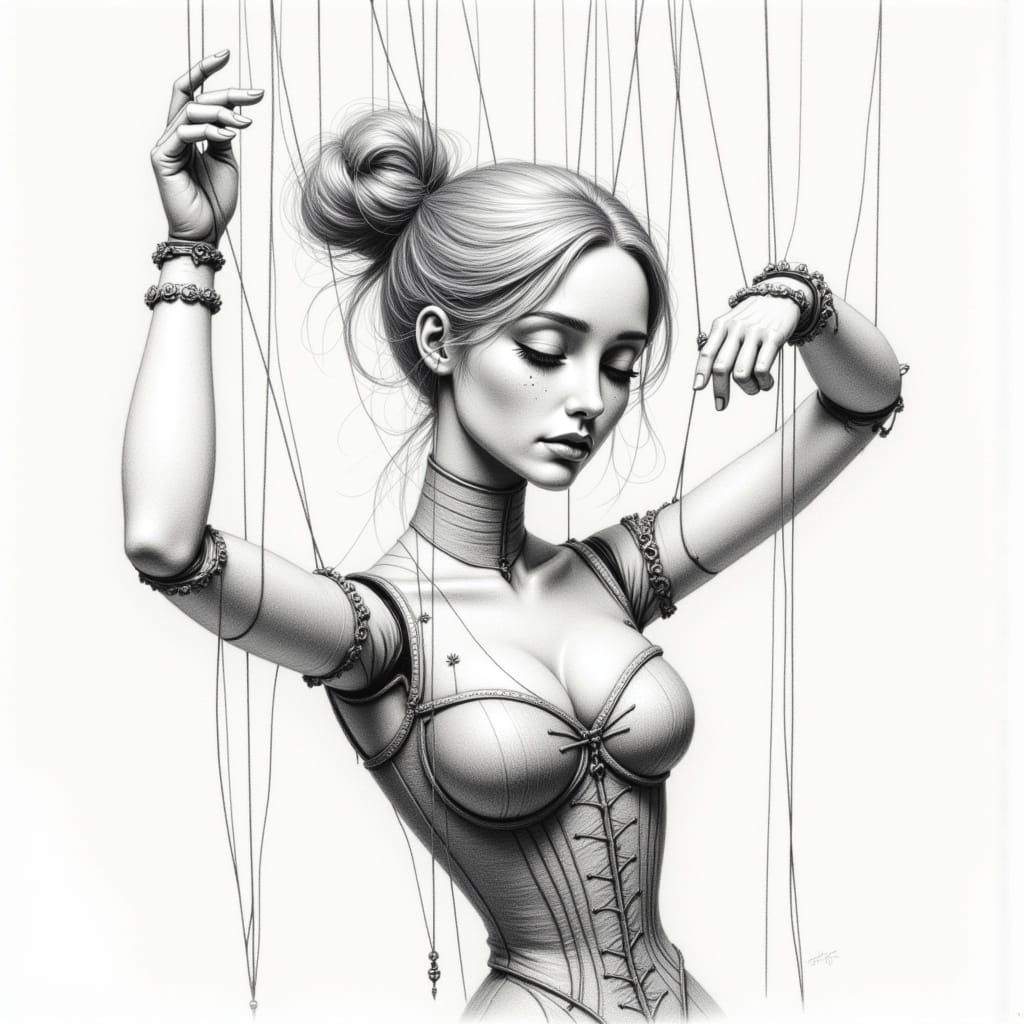 Sad Marionette Puppet in Detailed Pencil Sketch