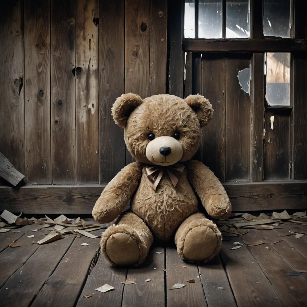 A nostalgic and slightly eerie scene of a stuffed teddy bear...