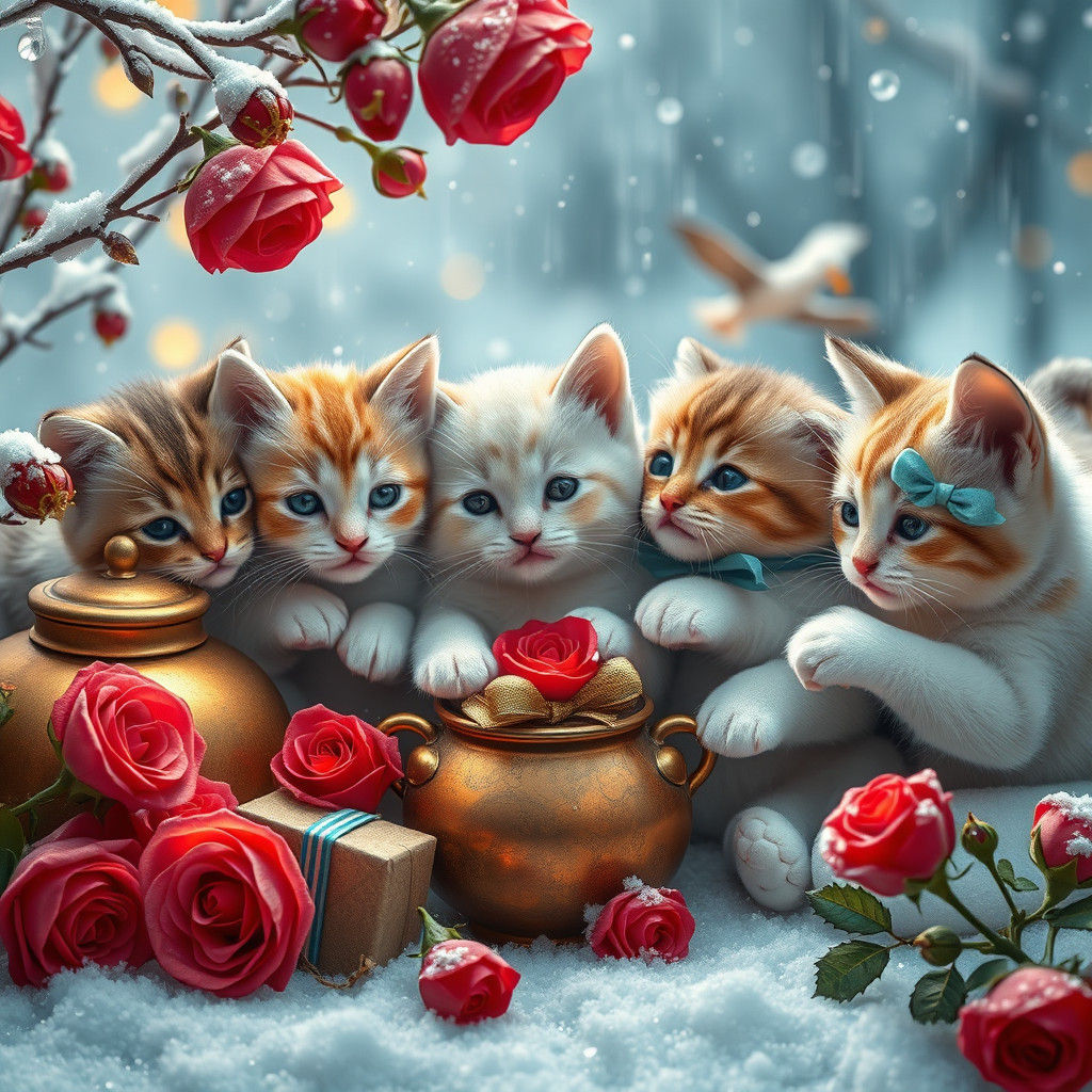 Kittens and Puppies in Winter Wonderland