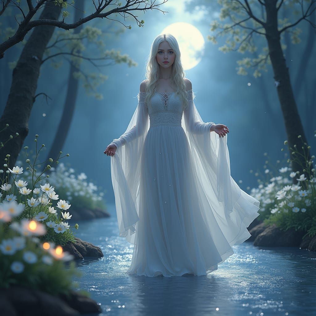 Dreamlike Death as Beautiful Girl in Moonlit Forest