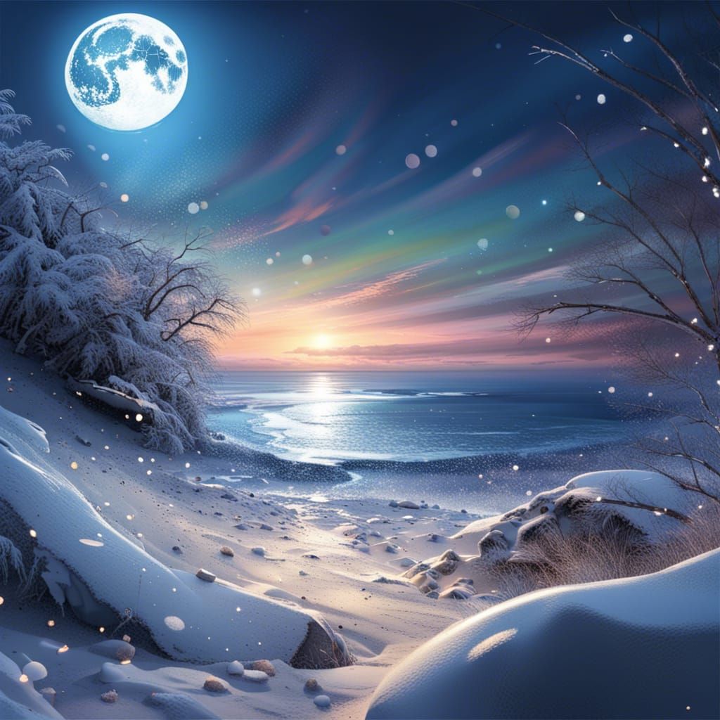 Hyperrealistic Full Moon over Snowy Beach