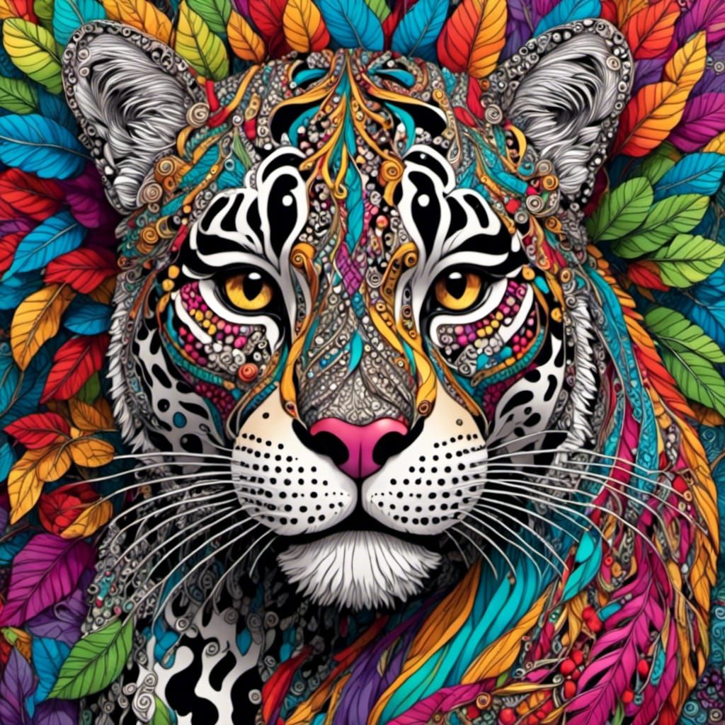 Rainbow Zentangle Jaguar on Branch in 3D