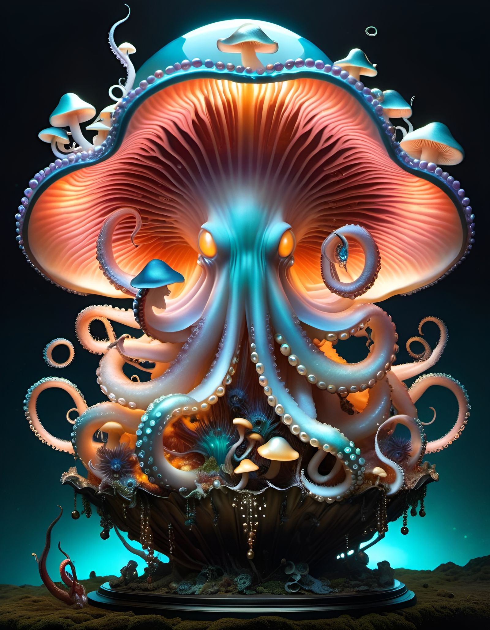 Bioluminescent Octopus Pearl Explosion in Clamshell