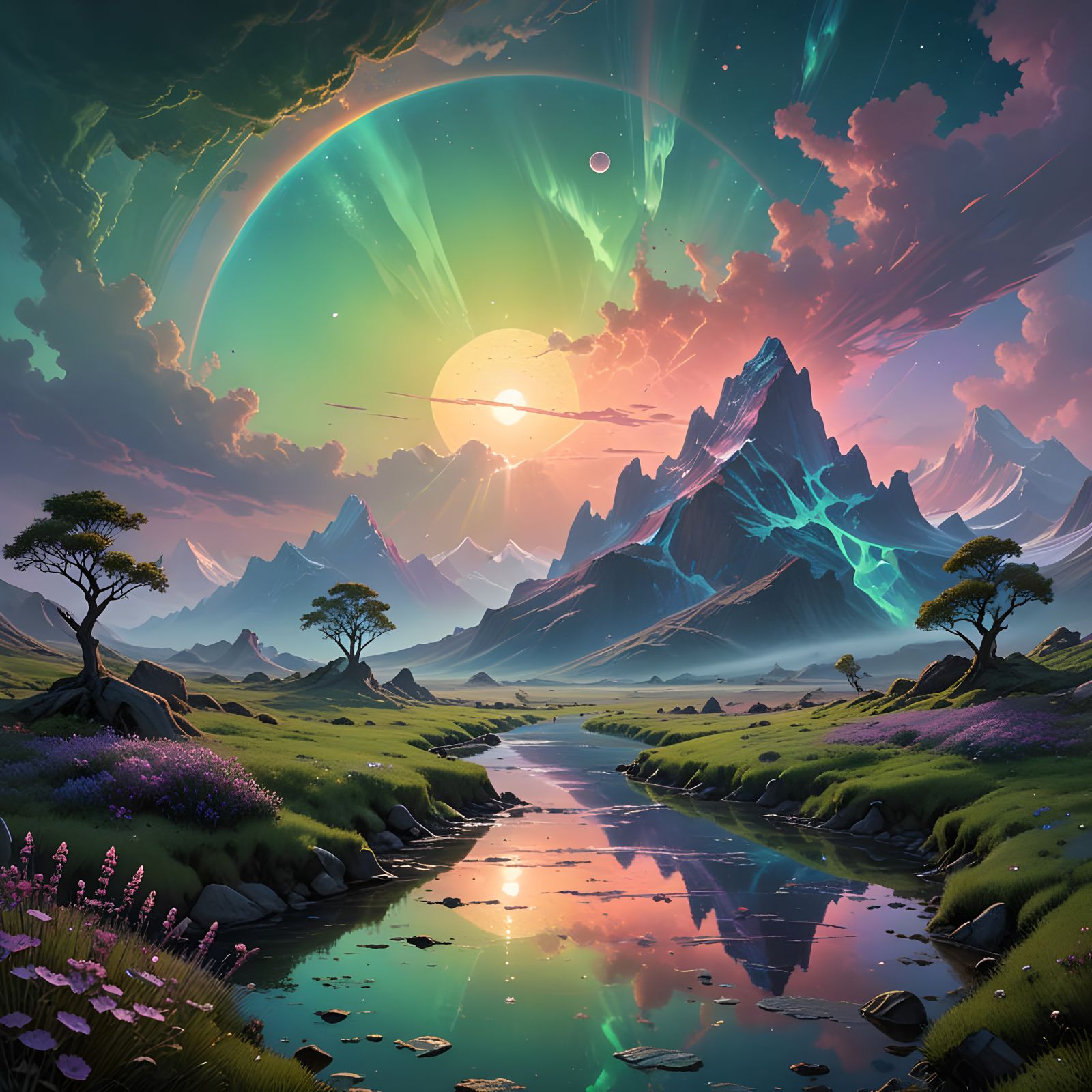 Crystal Dreamscape: Iridescent Mountains in a Celestial Wond...