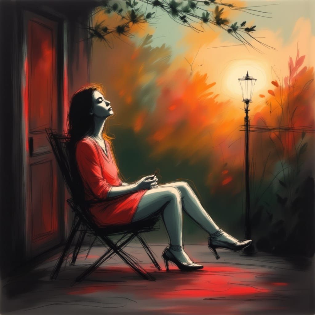 Ethereal Woman Relaxing on Dawn Patio