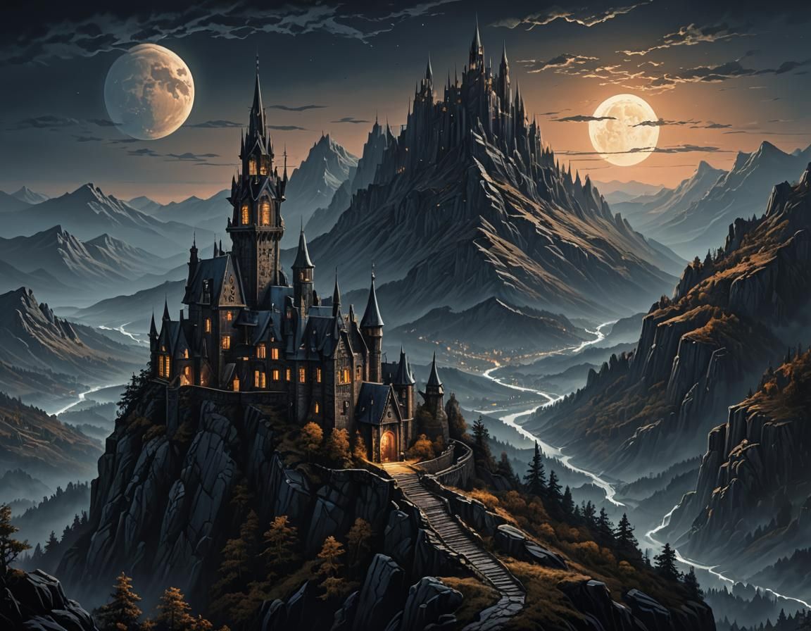 A masterful digital fantasy painting in the style of Greg Rutkowski Dan Mumford and Caspar David Friedrich, a dark tall,...
