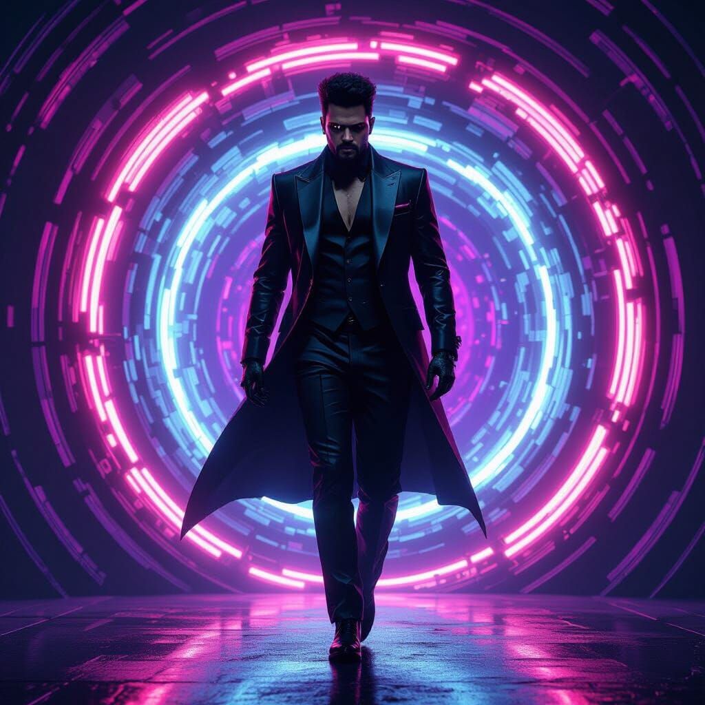 Futuristic Figure Emerges from Neon Vortex