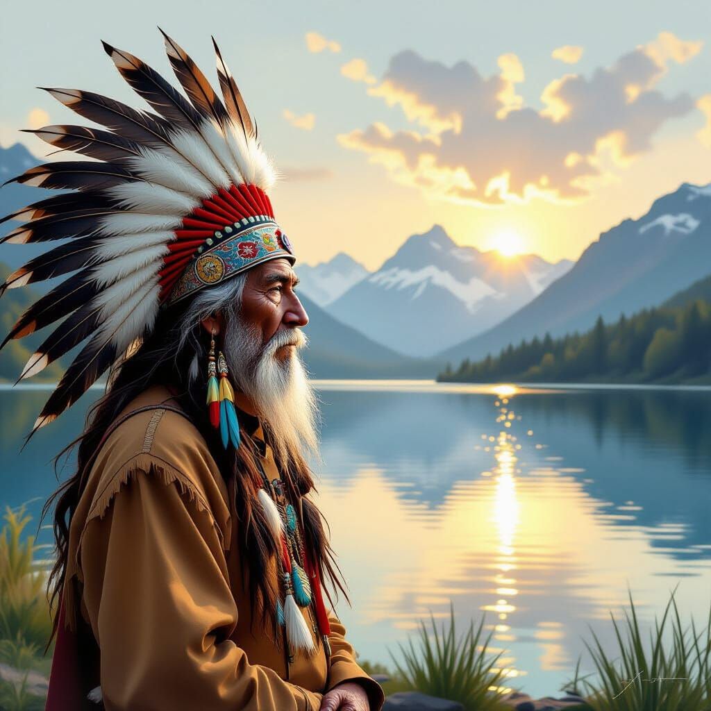 Shaman Gazing at Mountains by Serene Lake - Painterly Illust...