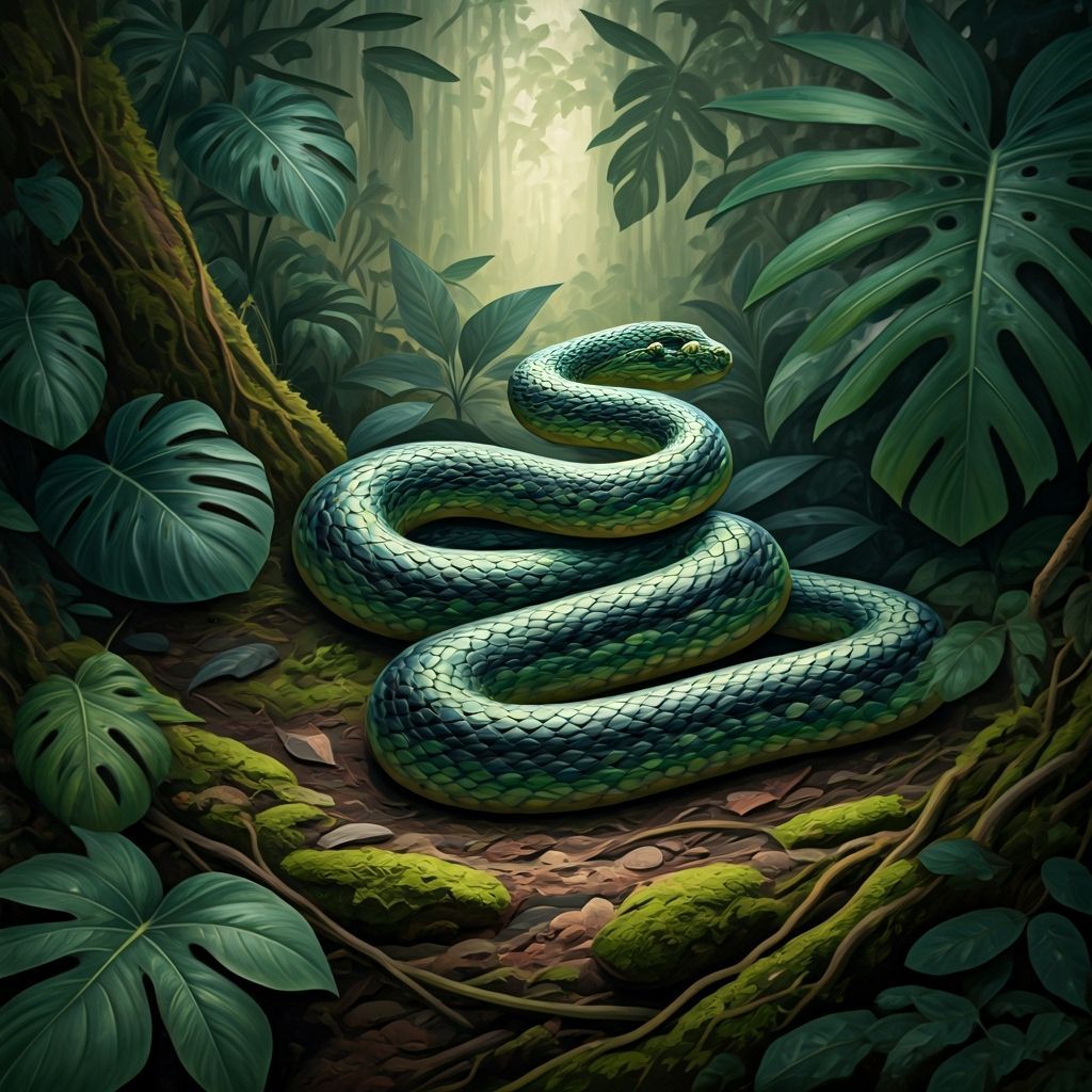 Green and Black Snake in Undergrowth, Mixed Media Art