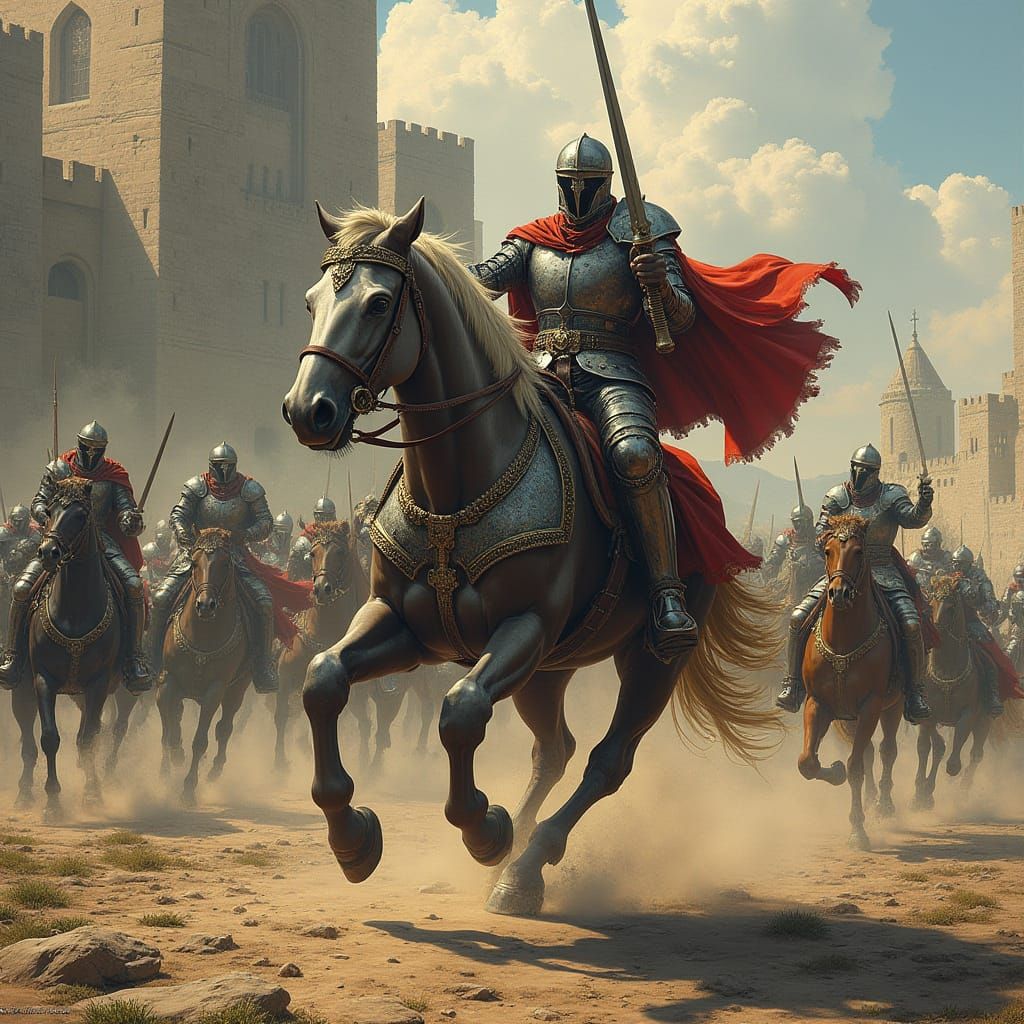 Medieval Knight Rides into Battle as Castle Burns