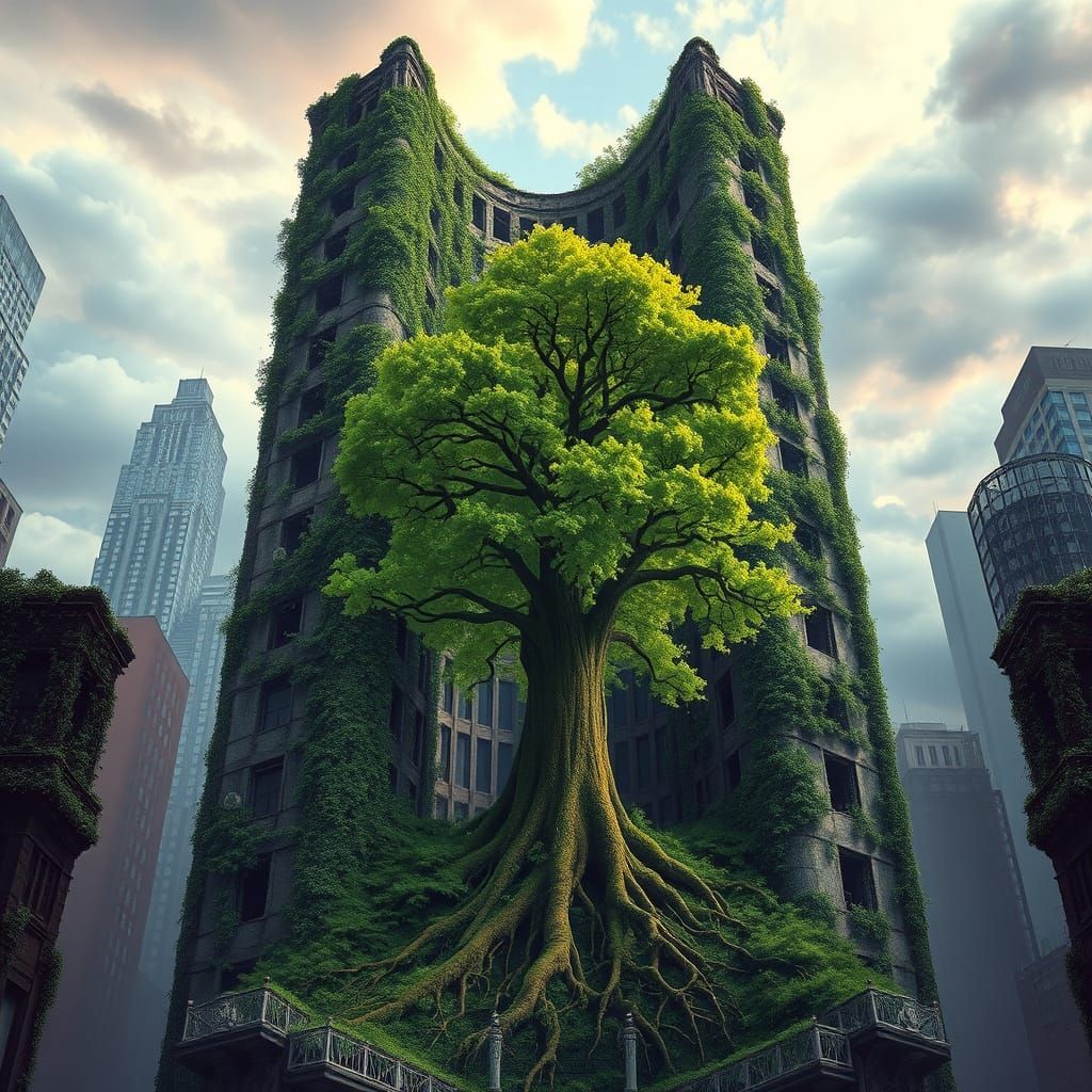 Trump Tower Ruins With Giant Tree and Psychedelic Sky