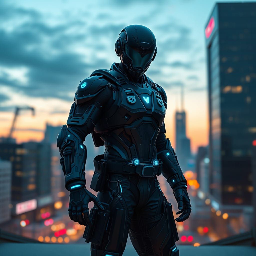 Cyborg Cop in Futuristic Cityscape