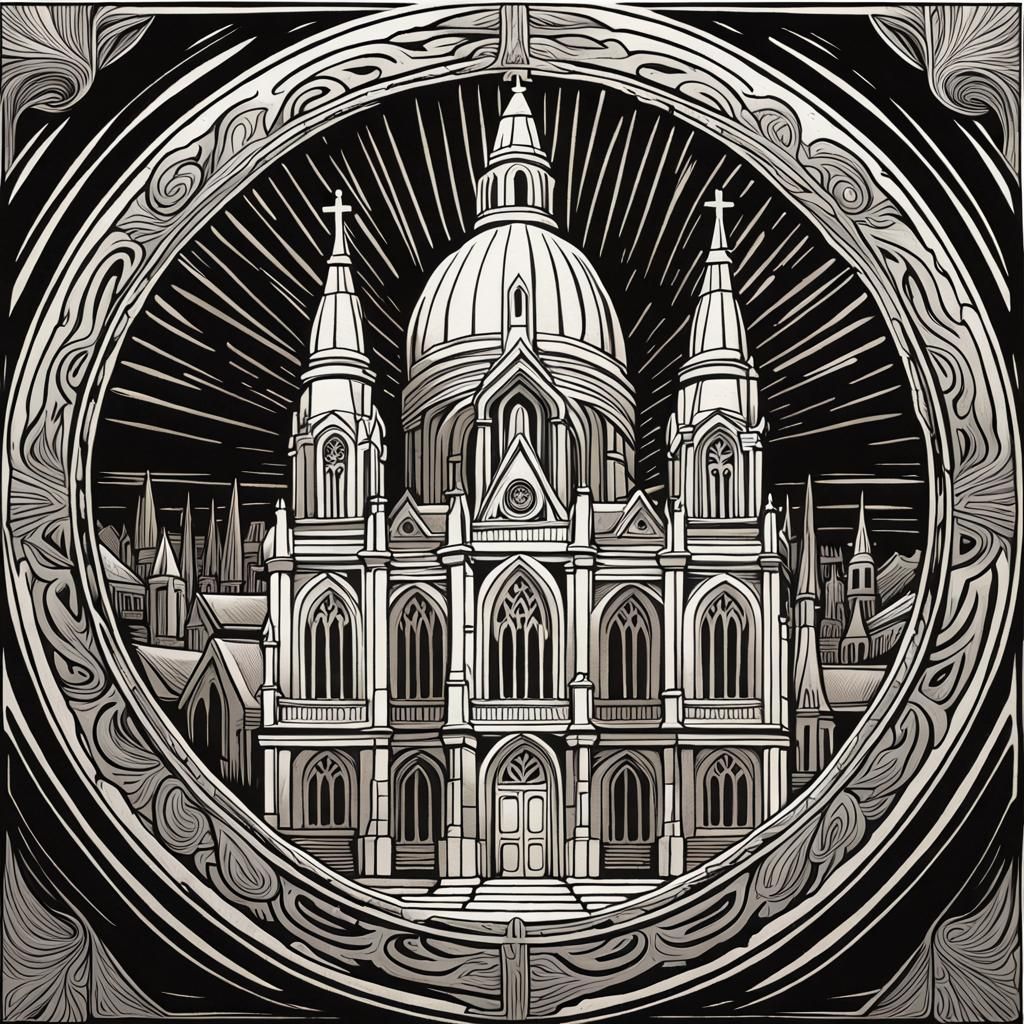 Cathedral Mandala in Monochrome Linocut Style